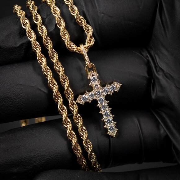 Hip Hop Mini Men's Iced Cz 14K Yellow Gold Cross Pendant Rope Chain Necklace - Picture 1 of 6